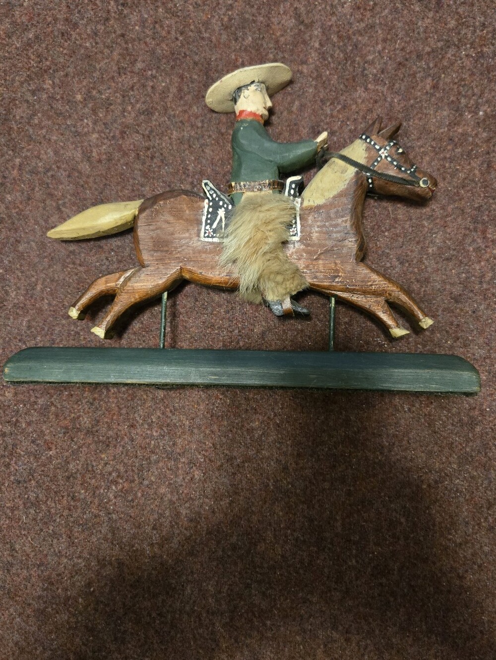 Vintage Folk Art Handpainted Cowboy On Horse With Fur Chaps Hat Brim Not Glued - Picture 2 of 11